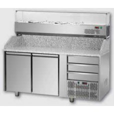 Tavolo Refrigerato Pizzeria - Banco Preparazione Pizza per Contenitori GN1/1 Piano in Granito 2 Porte 3 Cassetti e Vetrina Refrigerata con Vetri